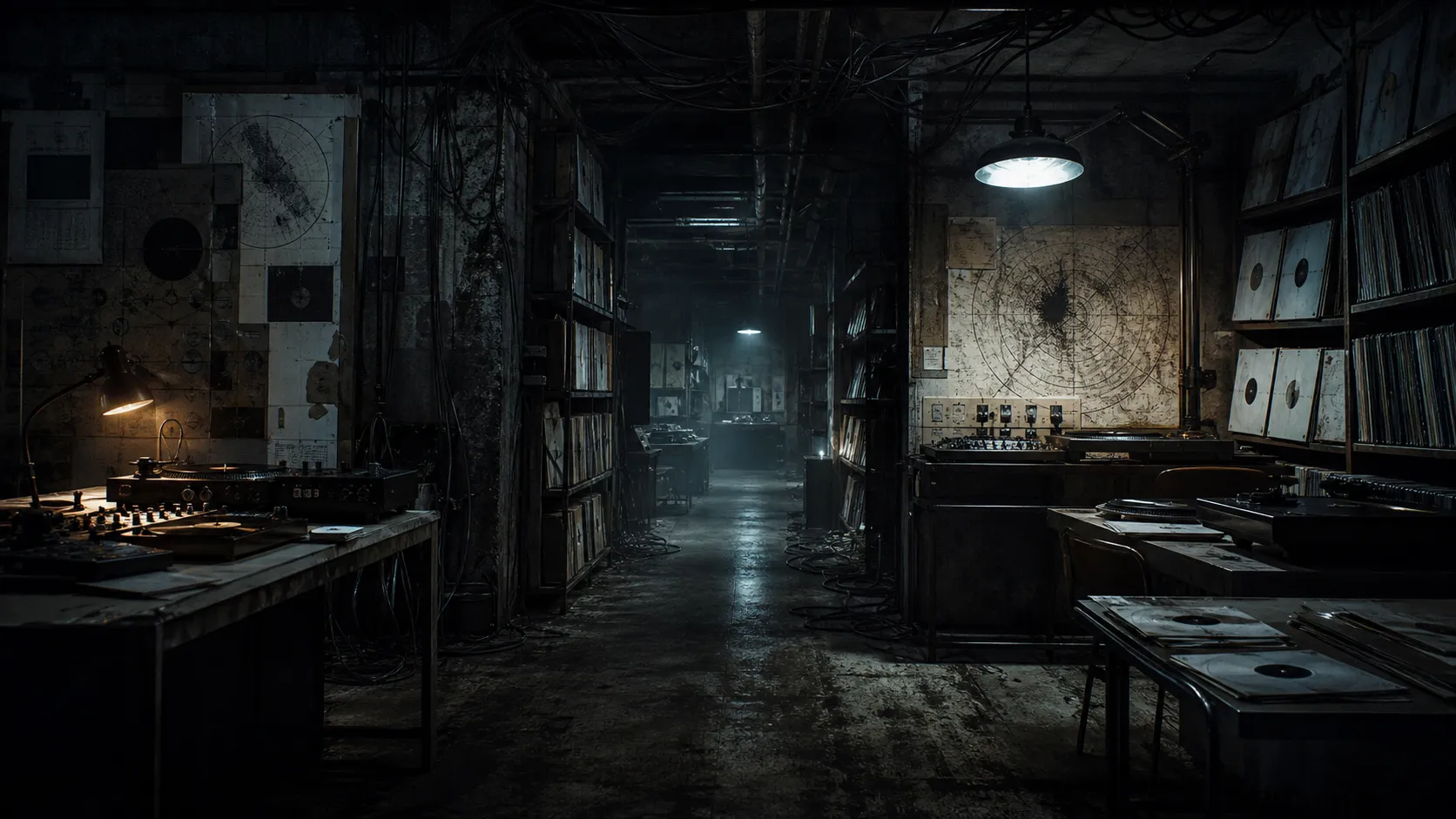 A concrete basement archive of anonymous vinyl records, cables, maps, and a surgical lamp.