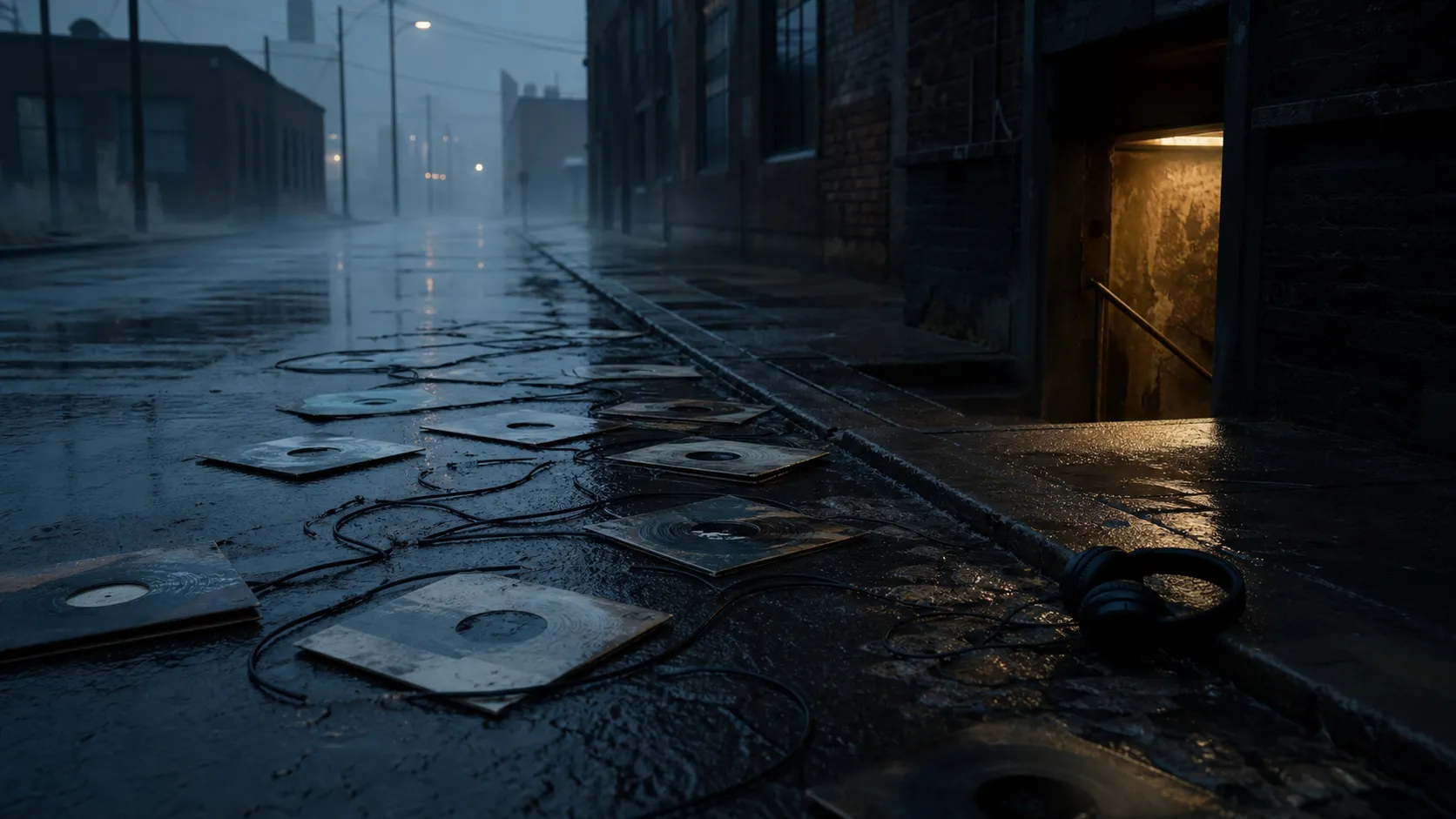 A wet empty street at dawn with vinyl sleeves, cables, and abandoned headphones outside a basement doorway.
